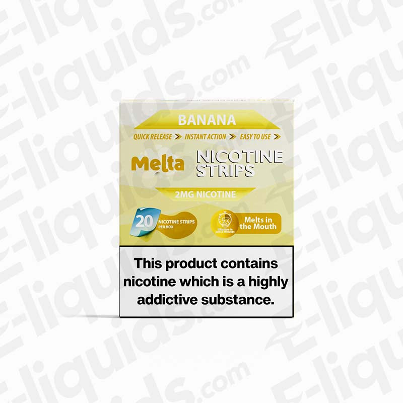 Banana MELTA Nicotine Strips packaging, 20 strips, 2mg nicotine, quick release for smoke-free satisfaction.