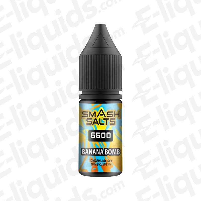 Banana Bomb Nic Salt E-liquid by Smash Salts 6500 in a 10ml bottle, perfect for pod and pen vape kits.