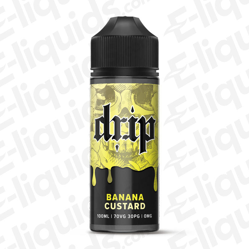Banana Custard Shortfill E-liquid by Drip in 100ml bottle, featuring rich vanilla custard and smooth banana flavor.