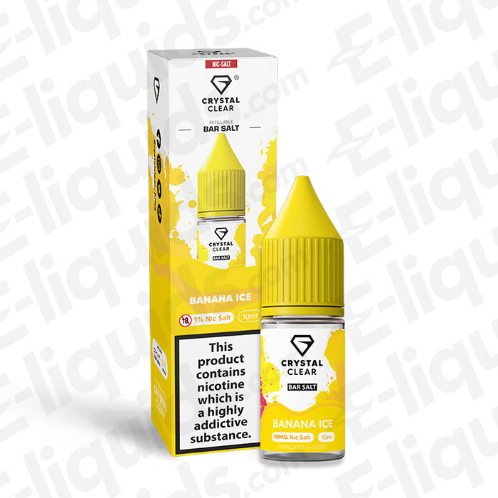 Crystal Clear Bar Salt's Banana Ice Nic Salt e-liquid with ripe banana and ice flavor in 10mg and 20mg strengths.