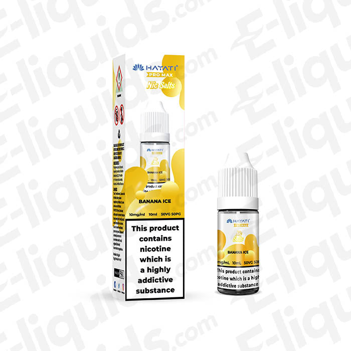 Banana Ice Nic Salt E-liquid by Hayati Pro Max in 10ml bottle, featuring nicotine warning and 50/50 VG/PG mix.