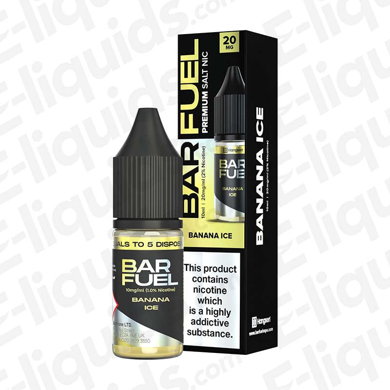 Banana Ice Nic Salt E-liquid by Bar Fuel in a 10ml bottle with packaging, featuring banana flavor and icy finish.