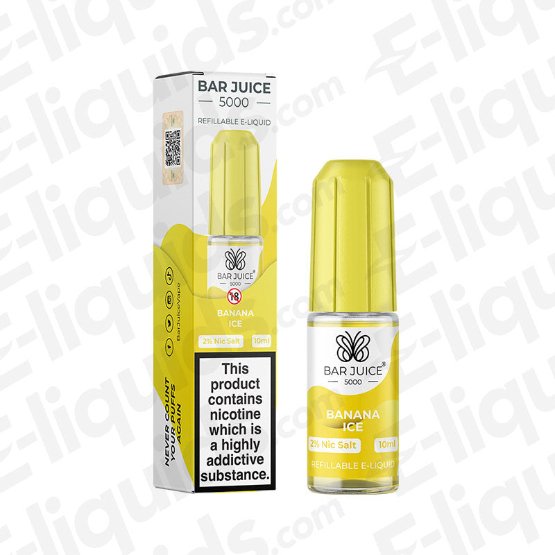 Bar Juice 5000 Banana Ice Nic Salt E-liquid in 10ml bottle with refreshing banana and menthol flavor.