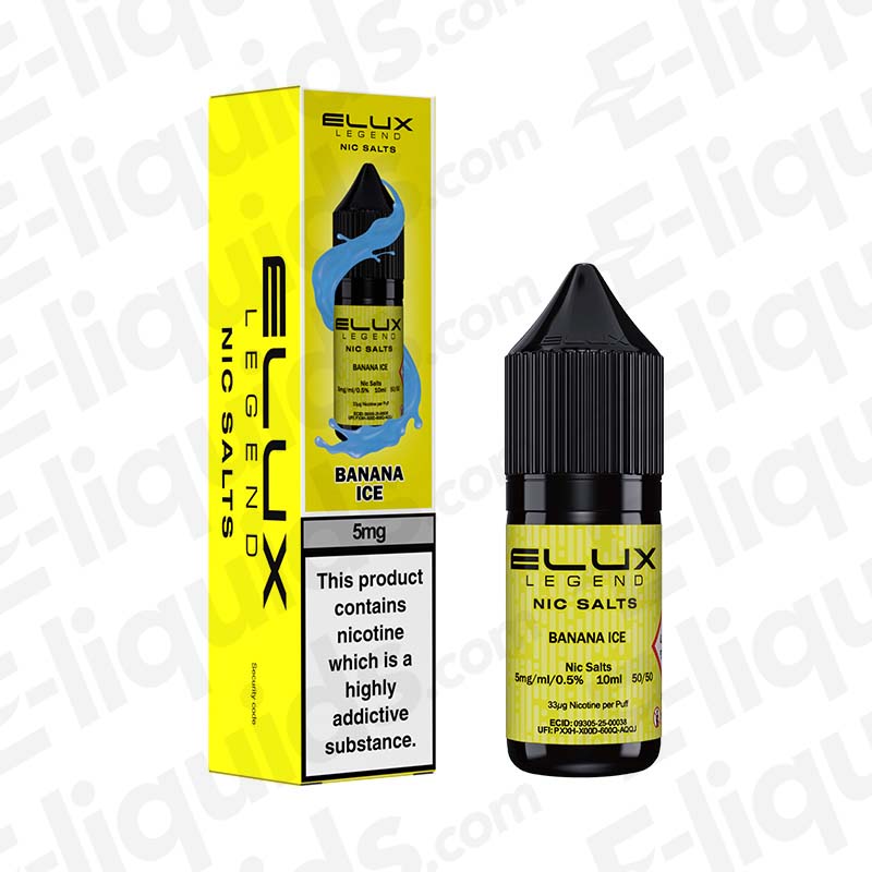 Banana Ice Nic Salt E-liquid by Elux Legend bottle and packaging with nicotine warning label