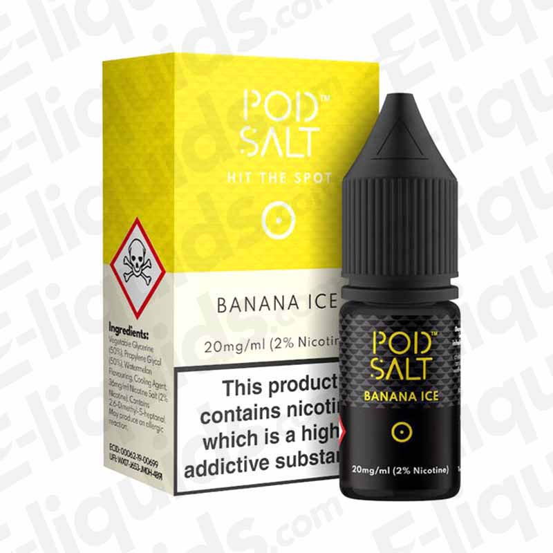 Pod Salt Banana Ice 20mg Nic Salt E-liquid bottle and packaging showing cool fruity banana flavor.