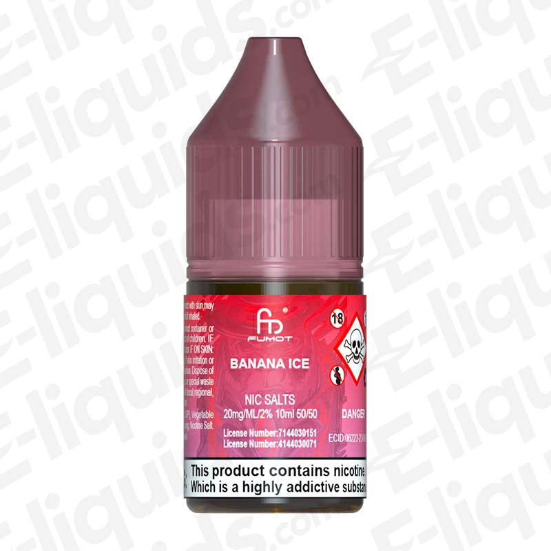 Fumot Banana Ice RandM Nic Salt E-liquid, 20mg, 10ml, 50/50 PG/VG blend for refreshing vape sessions.