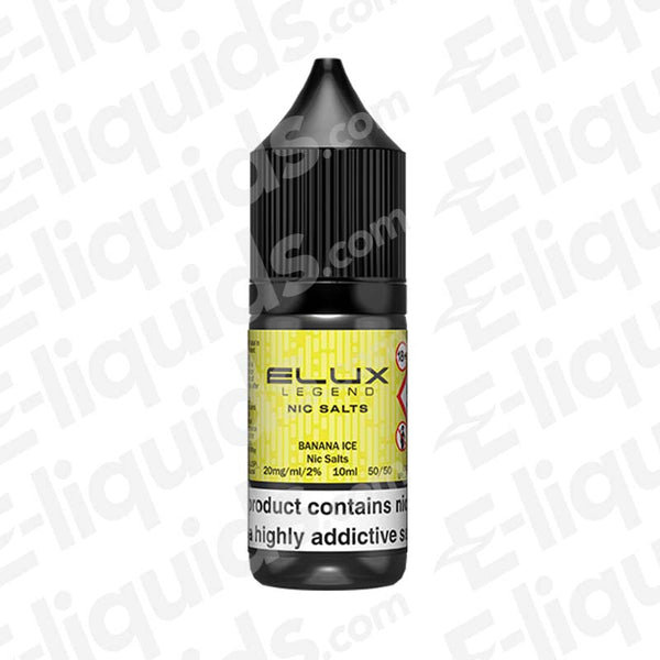 Banana Ice Nic Salt E-liquid by Elux Legend in a black and yellow 10ml bottle, featuring 20mg nicotine strength.