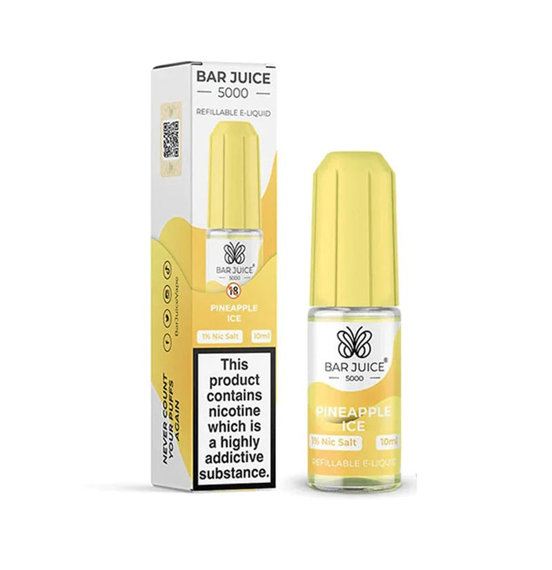 Pineapple Ice Nic Salt E-liquid by Bar Juice 5000 in a 10ml bottle with packaging.