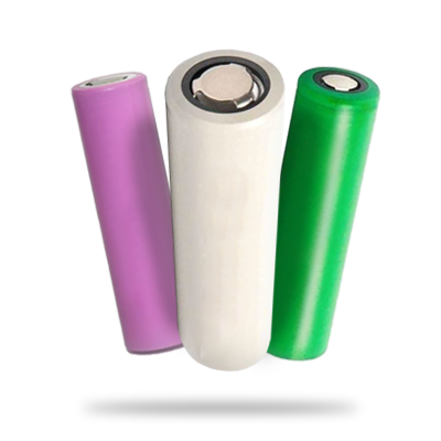 Colorful cylindrical batteries, including purple, white, and green, standing upright against a plain background.
