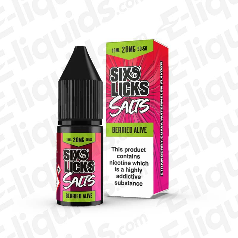 Berried Alive Nic Salt E-liquid by Six Licks in 10ml bottle with vibrant packaging, featuring strawberries and guava flavors.