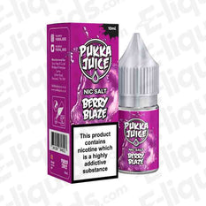 Berry Blaze Nic Salt E-liquid by Pukka Juice in a 10ml bottle with vibrant packaging, featuring fruit flavors and nicotine warning.