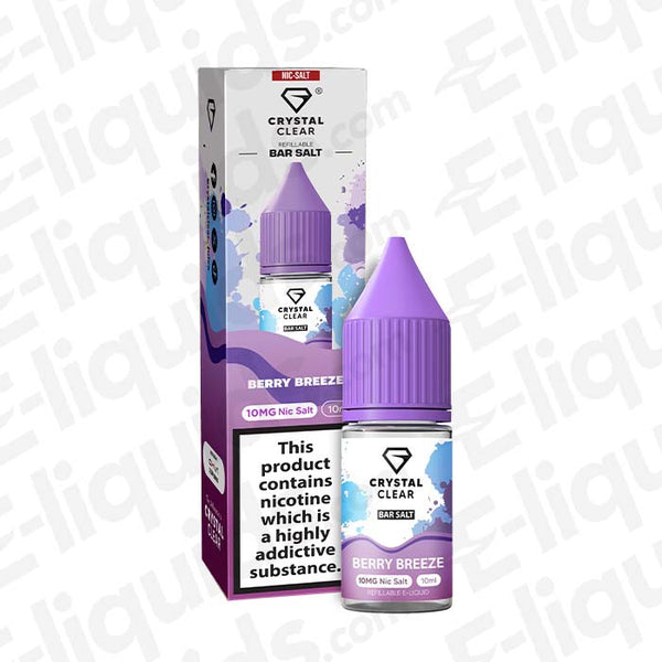 Berry Breeze Nic Salt by Crystal Clear Bar Salts, 10mg nicotine, invigorating blend of blueberries and menthol.