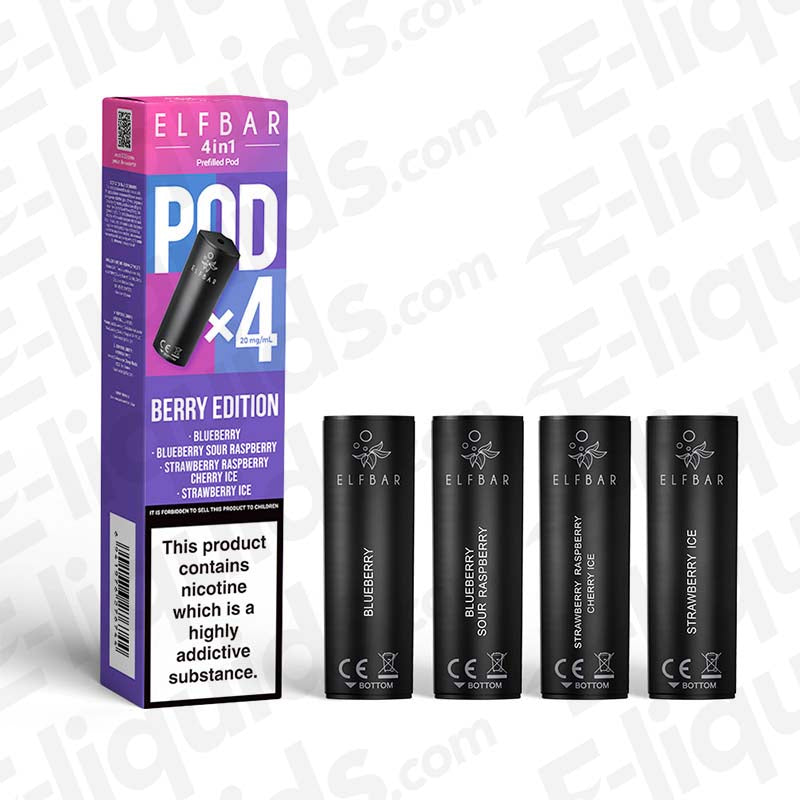 Elf Bar 4-in-1 Berry Edition Pre-Filled Vape Pods with Blueberry, Raspberry, Strawberry flavors, 2ml, 20mg nic salts, pack of 4.