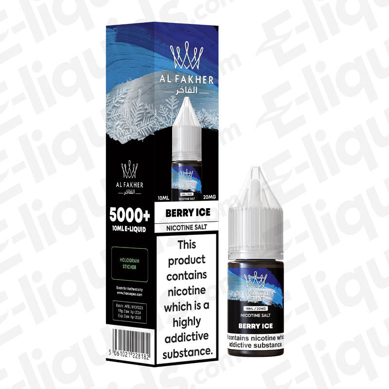 Berry Ice 5000+ Nic Salt E-liquid by Al Fakher featuring a fresh berry and menthol flavor, 10ml bottle with nicotine warning.
