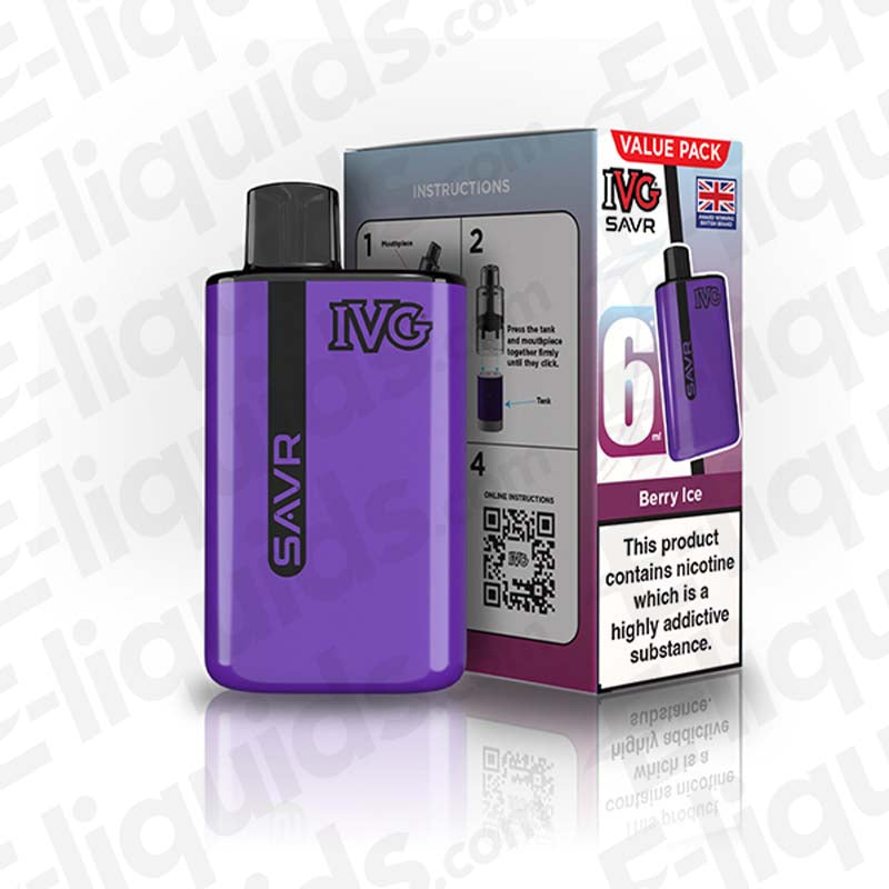 IVG SAVR Legal Big Puff Prefilled Pod Kit in purple with Berry Ice flavor, featuring a 650mAh battery and instructions.