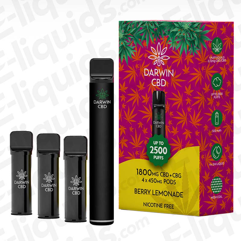 Darwin CBD+CBG 1800mg Berry Lemonade Prefilled Pod Kit with 4 x 450mg pods and a 500mAh rechargeable device.