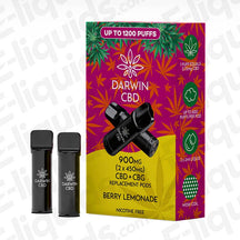 Darwin CBD+CBG 900mg Berry Lemonade (2 x 450mg) Prefilled Pod with fizzy Mixed Berry flavour in pink and yellow packaging