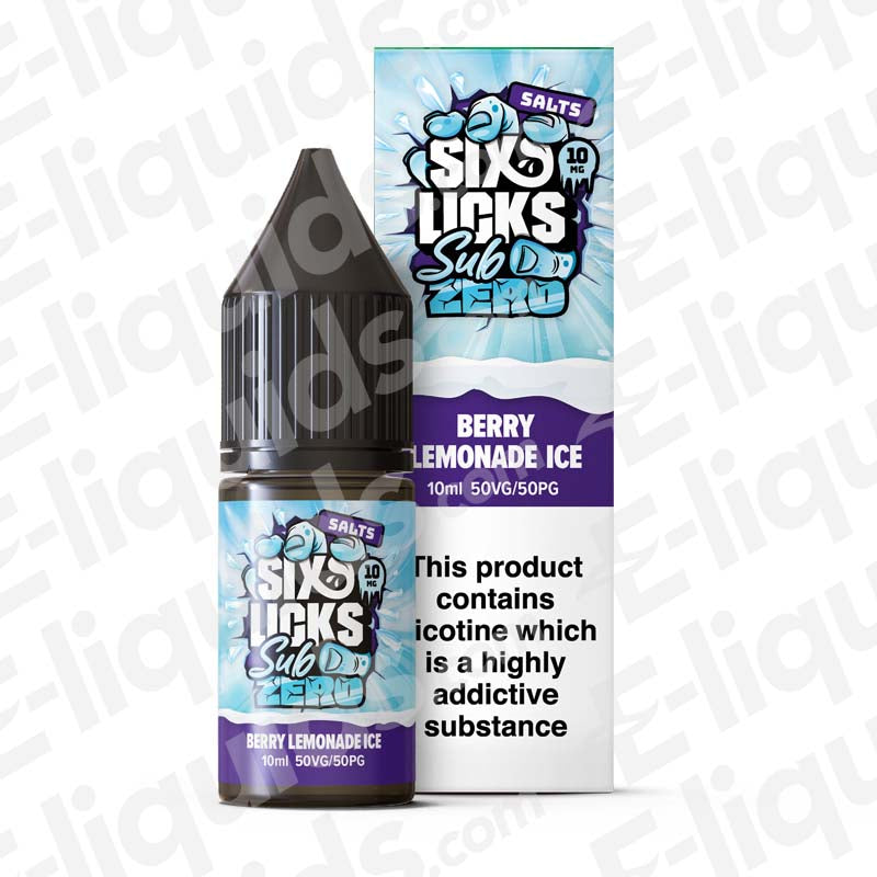 Berry Lemonade Ice Nic Salt E-liquid by Six Licks Sub Zero in 10ml bottle, offering a refreshing berry and lemonade flavor.