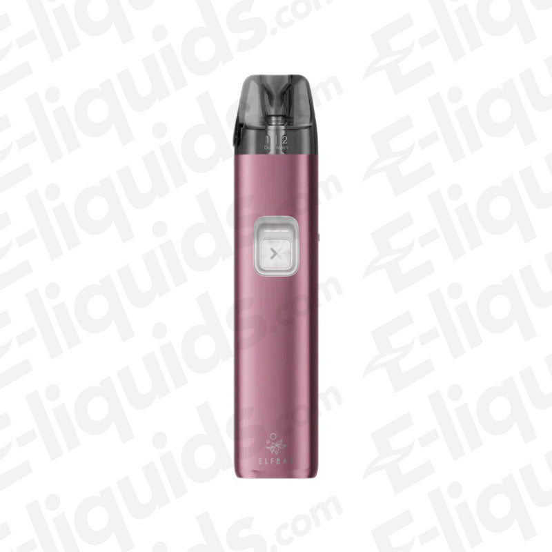 ELF BAR ELFX 2 Berry Pink Pod Kit in metallic berry-pink finish with black pod top and square button, slim rechargeable vape device.