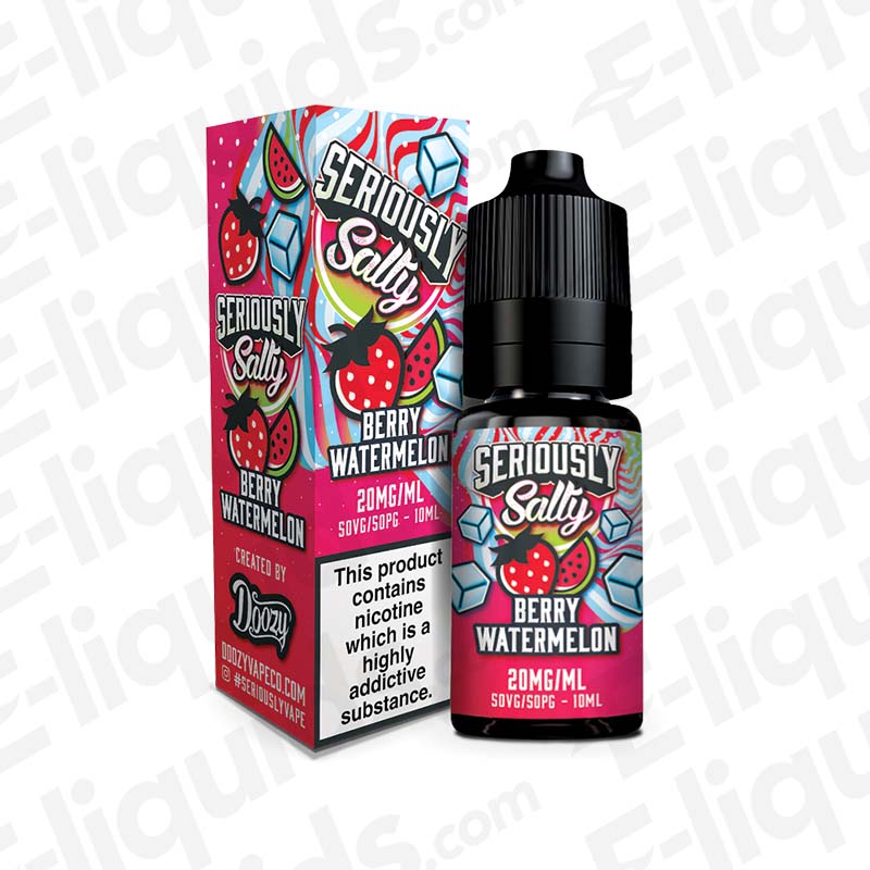 Berry Watermelon Seriously Salty Nic Salt E-liquid by Doozy Vape Co, 10ml bottle, featuring strawberry and watermelon flavor on the packaging.