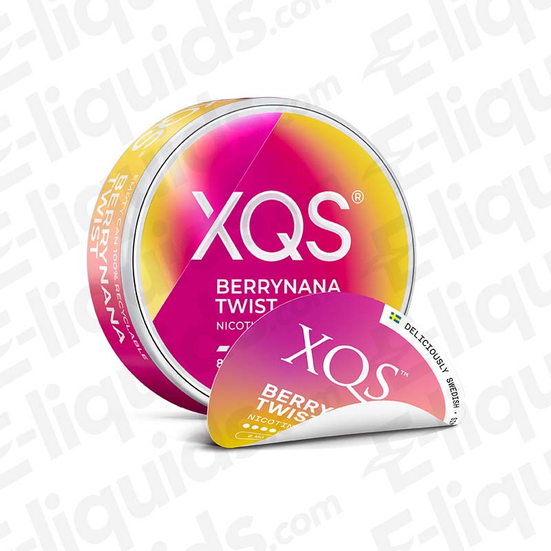 XQS Berrynana Twist Nicotine Pouches with a creamy blend of sweet Banana and mixed Berries in yellow and pink packaging.