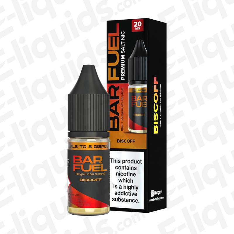 Biscoff Nic Salt E-liquid by Bar Fuel in a 10ml bottle with packaging, offering rich caramel flavor and smooth throat hits.