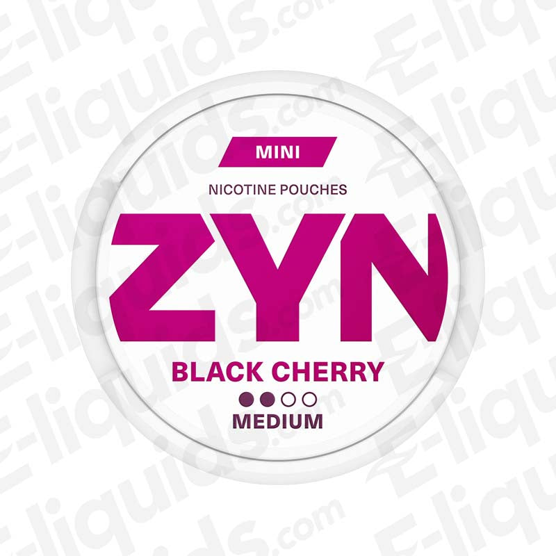 ZYN Black Cherry Mini Nicotine Pouches can featuring bold branding and flavor description, tobacco-free and 3mg strength.