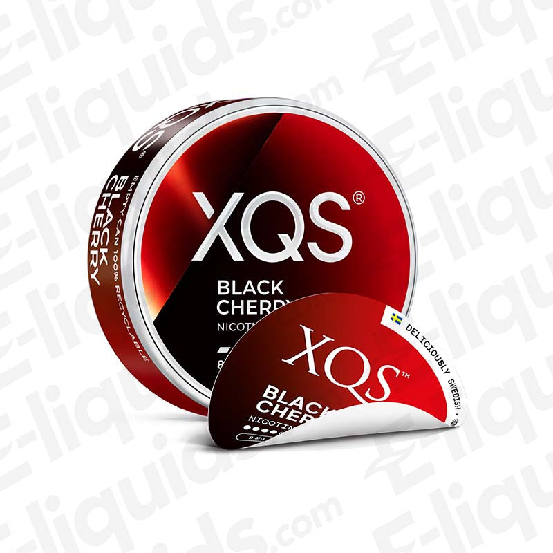 XQS Black Cherry Nicotine Pouches with a rich, sun-ripened Black Cherry flavour in dark red and black packaging. 