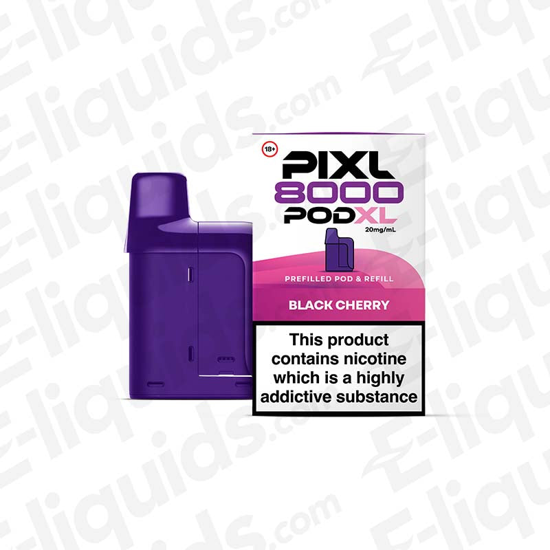 PIXL 8000 Compliant Post Black Cherry Prefilled Pod with 20mg nicotine strength, offering up to 8000 puffs, TPD compliant.