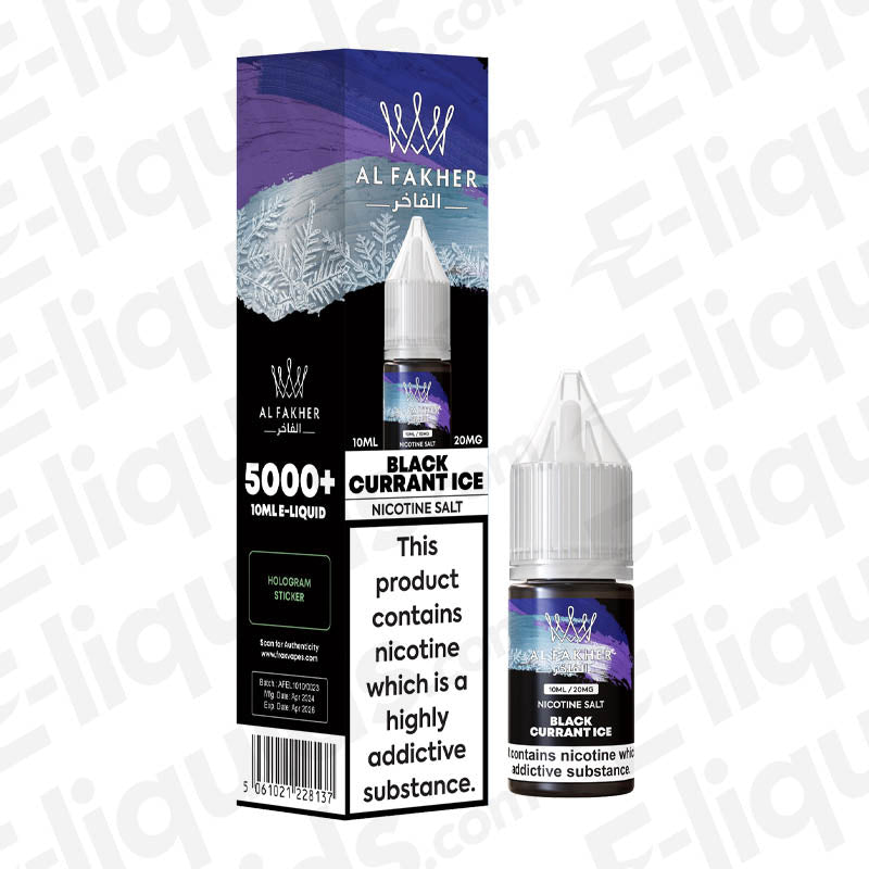Blackcurrant Ice 5000+ Nic Salt E-liquid by Al Fakher in a 10ml bottle with nicotine warning label.