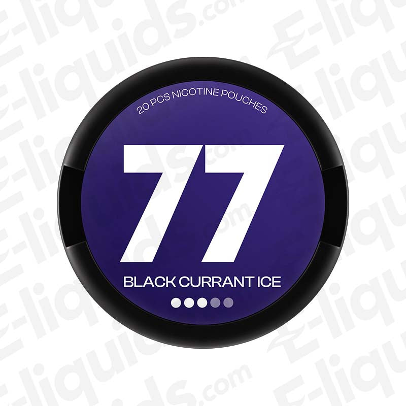 Black Currant Ice 77 Nicotine Pouches - 20 per can with 10.4mg each, shown in round container.