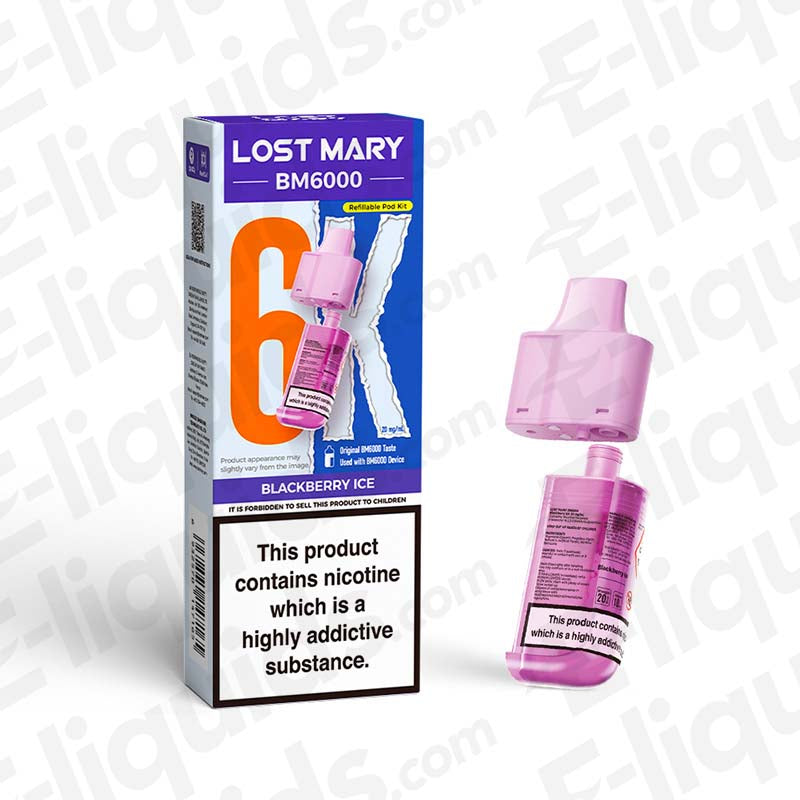 Lost Mary BM6000 Compliant Pre-Filled Pod in Blackberry Ice flavor, showcasing unique design and 6000 puffs capacity.