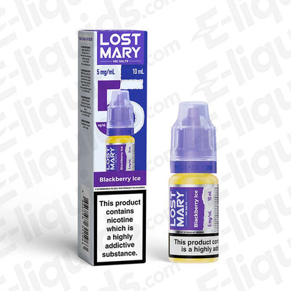 Lost Mary Nic Salt Vape Juice Blackberry Ice 5mg 10ml bottle with packaging. Device required: Pod Kits or Starter Kits.