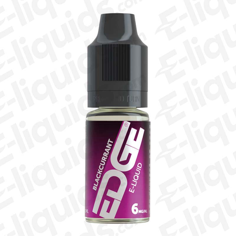 Blackcurrant 50/50 E-liquid by EDGE in 10ml bottle with a tart fruity flavor, suitable for pod kits, 6mg strength.