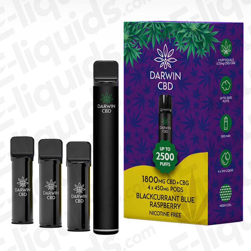 Darwin CBD+CBG 1800mg Blackcurrant Blue Raspberry Prefilled Pod Kit with 4 x 450mg pods and a 500mAh rechargeable device.