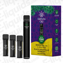 Darwin CBD+CBG 1800mg Blackcurrant Blue Raspberry Prefilled Pod Kit with 4 x 450mg pods and a 500mAh rechargeable device.