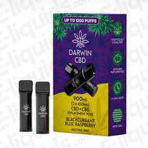 Darwin CBD+CBG 900mg Blackcurrant Blue Raspberry (2 x 450mg) Prefilled Pod with sweet and sour Berry flavour in purple and yellow packaging.