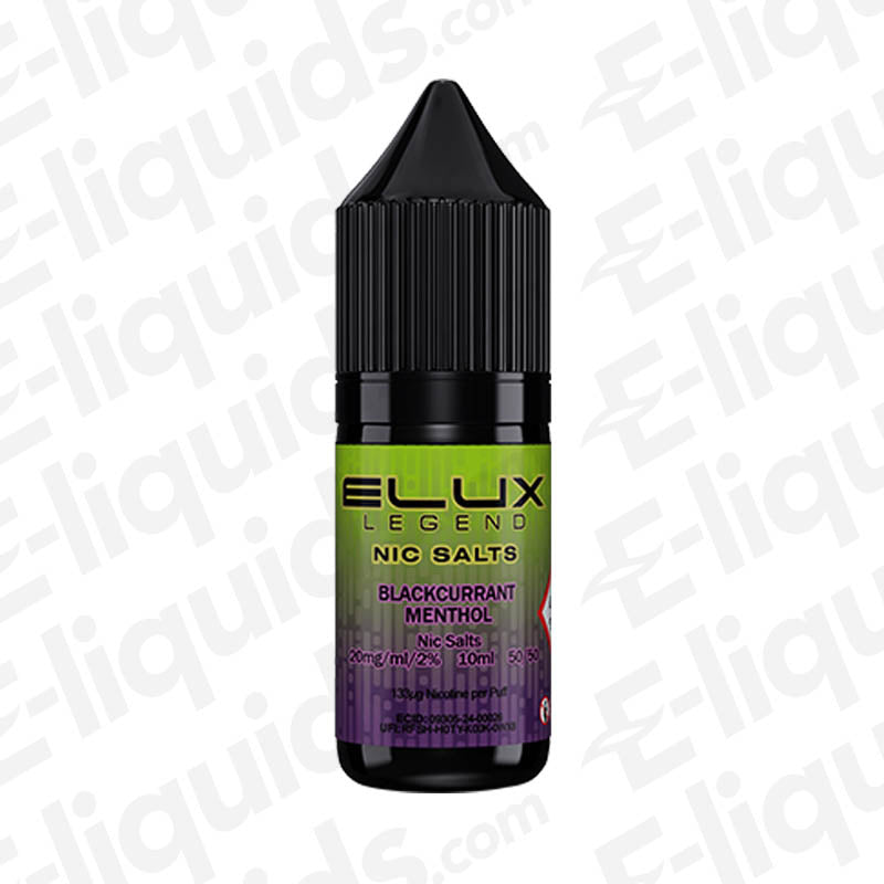 Blackcurrant Menthol Nic Salt E-liquid by Elux Legend in a 10ml bottle, featuring a rich blackcurrant flavor with menthol.