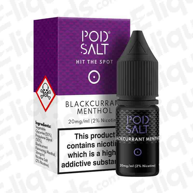 Blackcurrant Menthol Nic Salt E-liquid by Pod Salt, 20mg/ml in a 10ml bottle, featuring a blackcurrant and menthol flavor profile.