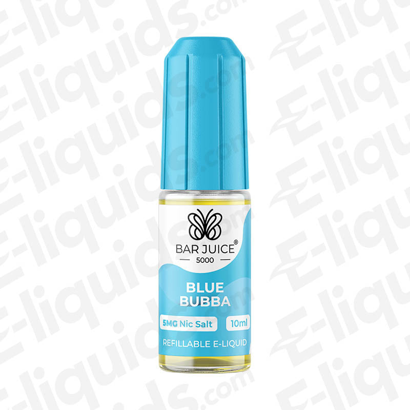 Blue Bubba Nic Salt E-liquid by Bar Juice 5000 in a 10ml bottle, offering sweet blue raspberry flavor.