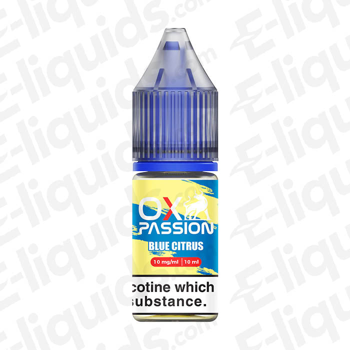 Blue Citrus OX Passion Nic Salt E-liquid by OXVA, 10ml bottle, tangy blue raspberry and lemonade flavor, nicotine salt e-liquid.