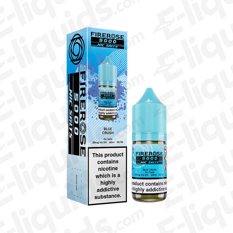 Blue Crush Firerose 5000 Nic Salt E-liquid by Elux in a bottle with packaging showcasing blueberries and crushed ice.