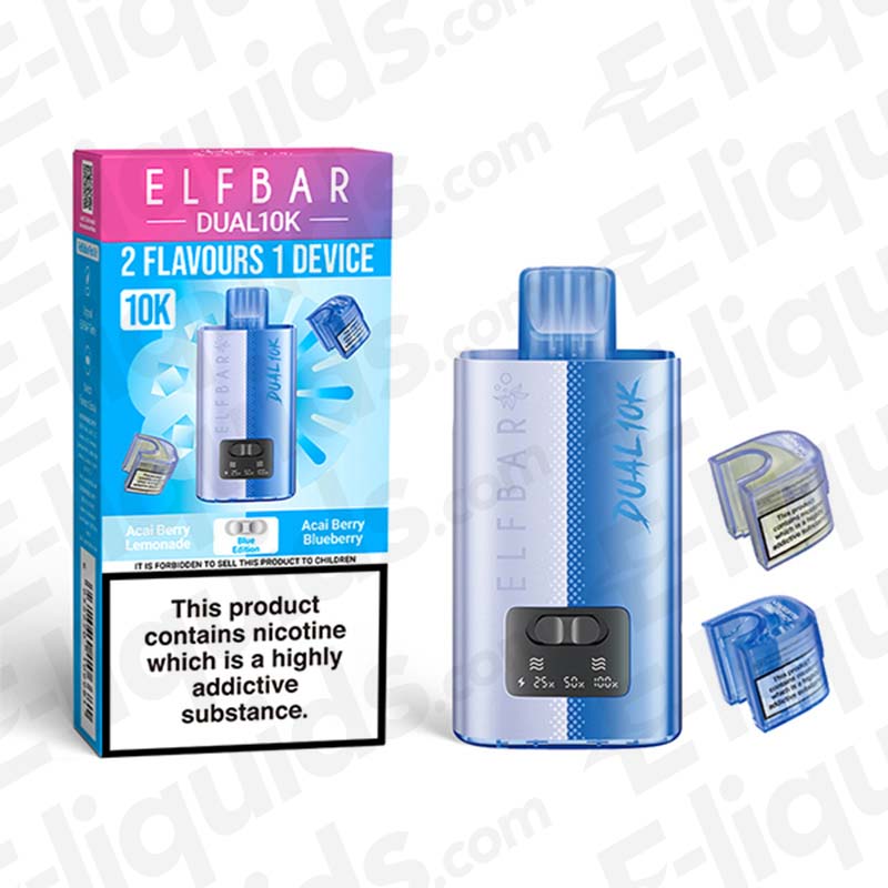 Elf Bar Dual 10K Disposable Vape Kit with Acai Berry and Blueberry flavours, featuring dual-tank system and refill pods.