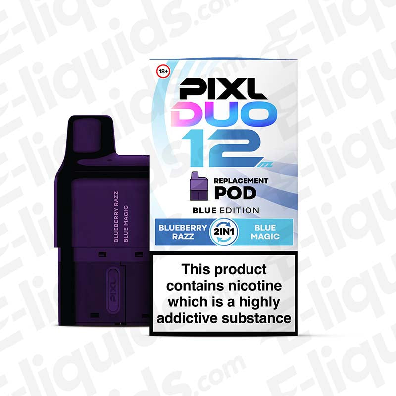Blue Edition PIXL Duo 12 prefilled pod featuring blueberry and raspberry flavors, 10ml capacity, nicotine warning.