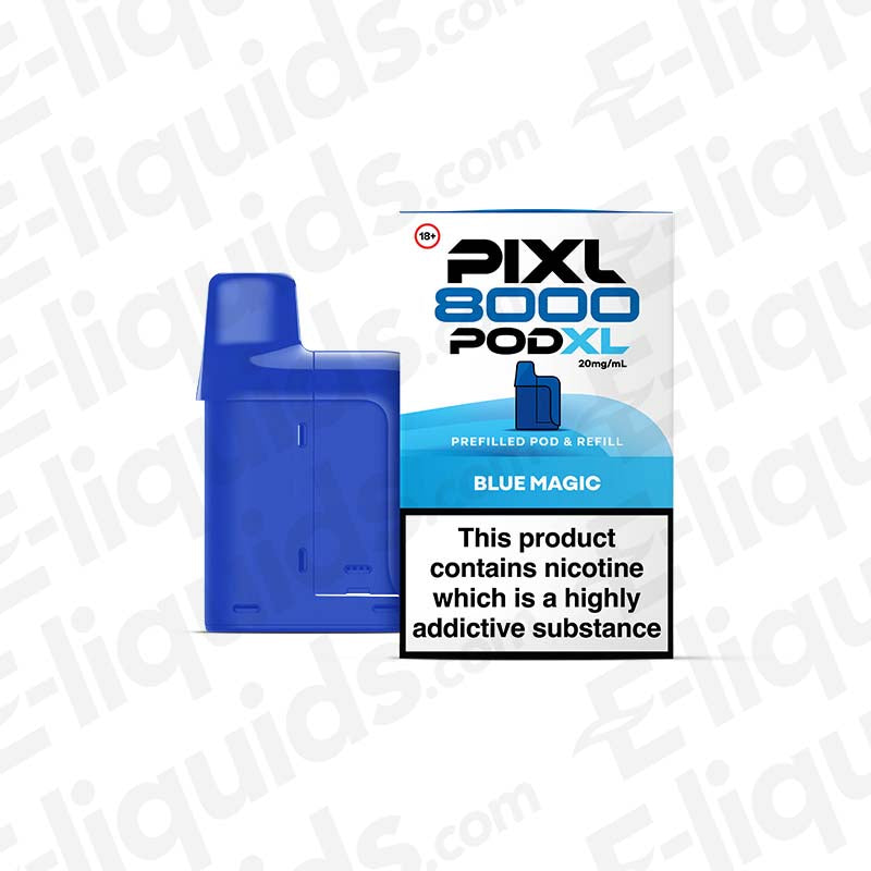 PIXL 8000 Pod XL in Blue Magic flavor, 20mg nicotine, 8000 puffs, TPD compliant prefilled pod packaging displayed.
