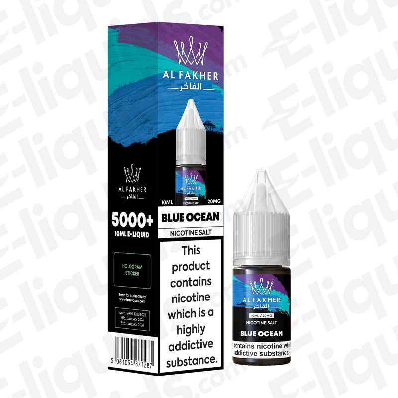 Blue Ocean 5000+ Nic Salt E-liquid by Al Fakher with blueberry flavor and cool ice in a 10ml bottle.