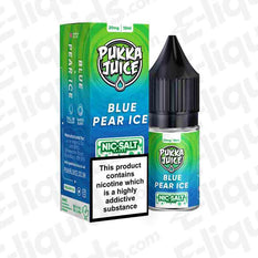 Blue Pear Nic Salt E-liquid by Pukka Juice in 10ml bottle, featuring blueberry, pear, and menthol ice flavors.