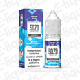 Blue Raspberry Nic Salt E-liquid 10ml bottle by SQZD Fruit Co, featuring mixed fruit flavors and labeled as highly addictive.