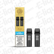 Gold Bar Reload Blue Raspberry Prefilled Pods pack and two pods showcasing tangy blueberry and raspberry flavors.