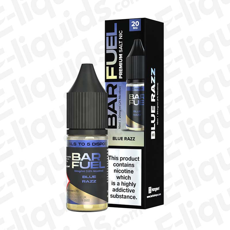 Blue Razz Nic Salt E-liquid by Bar Fuel, 10ml bottle and packaging with berry flavor. Smooth nicotine satisfaction.
